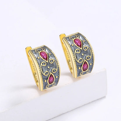 Earrings Gold Red Zircon Earrings Classic Black & Gold Style