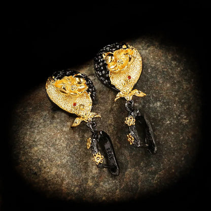 Embossed Carved Flower Drop Black & Gold Style Earrings