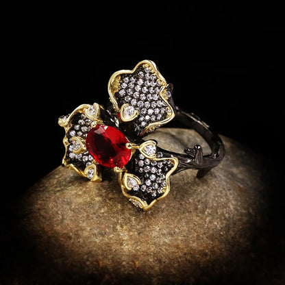 Black & Gold Style Flower with Red Rings Cocktail Flower Ring