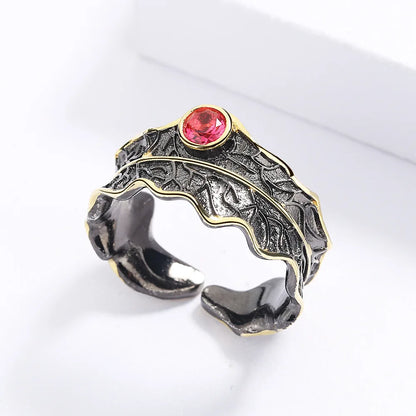 Royal Red Zircon Black & Gold Style Adjustable Ring