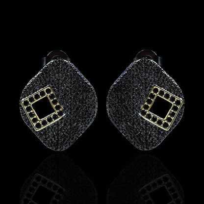 Geometric Square Earrings Black Zircon Earrings Black & Gold Style