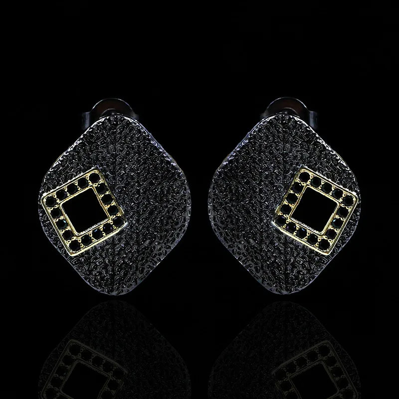 Geometric Square Earrings Black Zircon Earrings Black & Gold Style