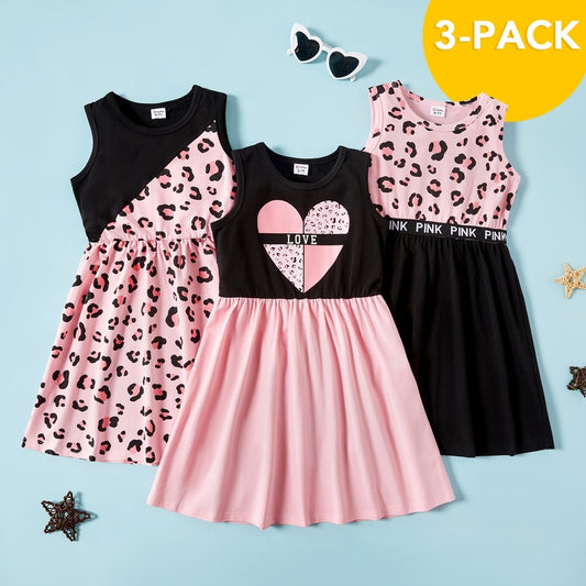 3-Pack Sleeveless Pink Leopard "Love" Dresses