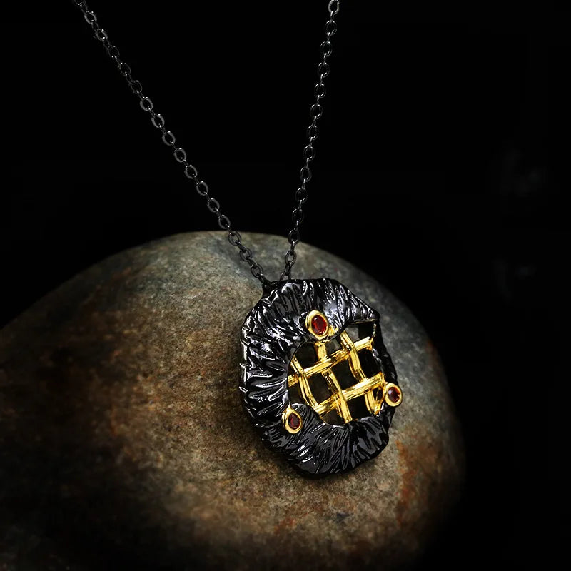 Medieval Lattice Ruby-Zircon Zircon Black & Gold Style Necklace