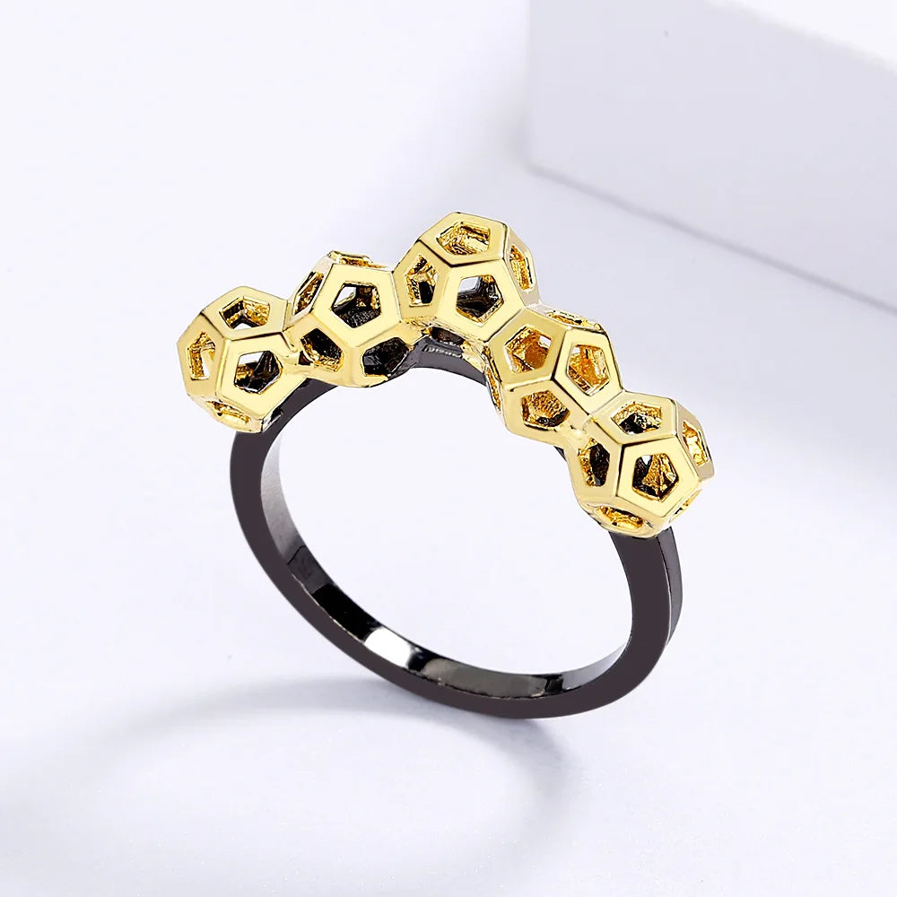 Black & Gold Style Rings Geometric Rings Honeycomb Rings