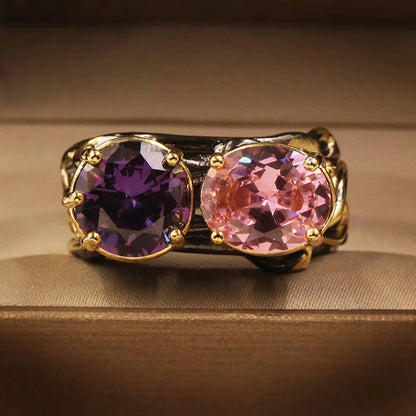 Zircon Black & Gold Style Pink & Purple Zircon Round Cocktail Rings