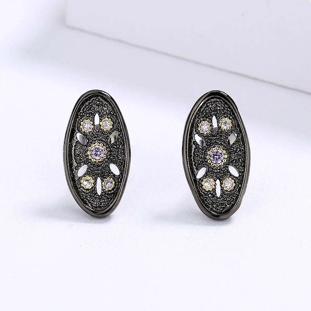 Black & Gold Style Earrings Zircon Flower Earrings