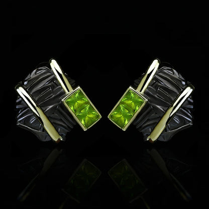 Earrings Black & Gold Style with Green Crystal Earrings