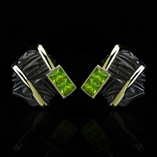 Earrings Black & Gold Style with Green Crystal Earrings