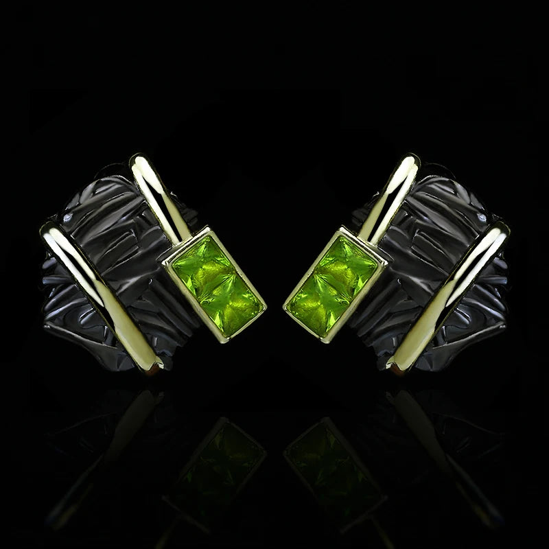 Earrings Black & Gold Style with Green Crystal Earrings