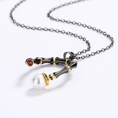 Necklace Black & Gold Style Pendant Line Pearl Chain