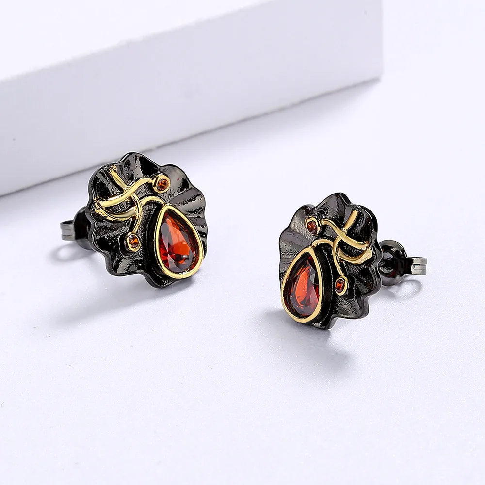 Black & Gold Style Earrings Small Black Red Zircon Earrings