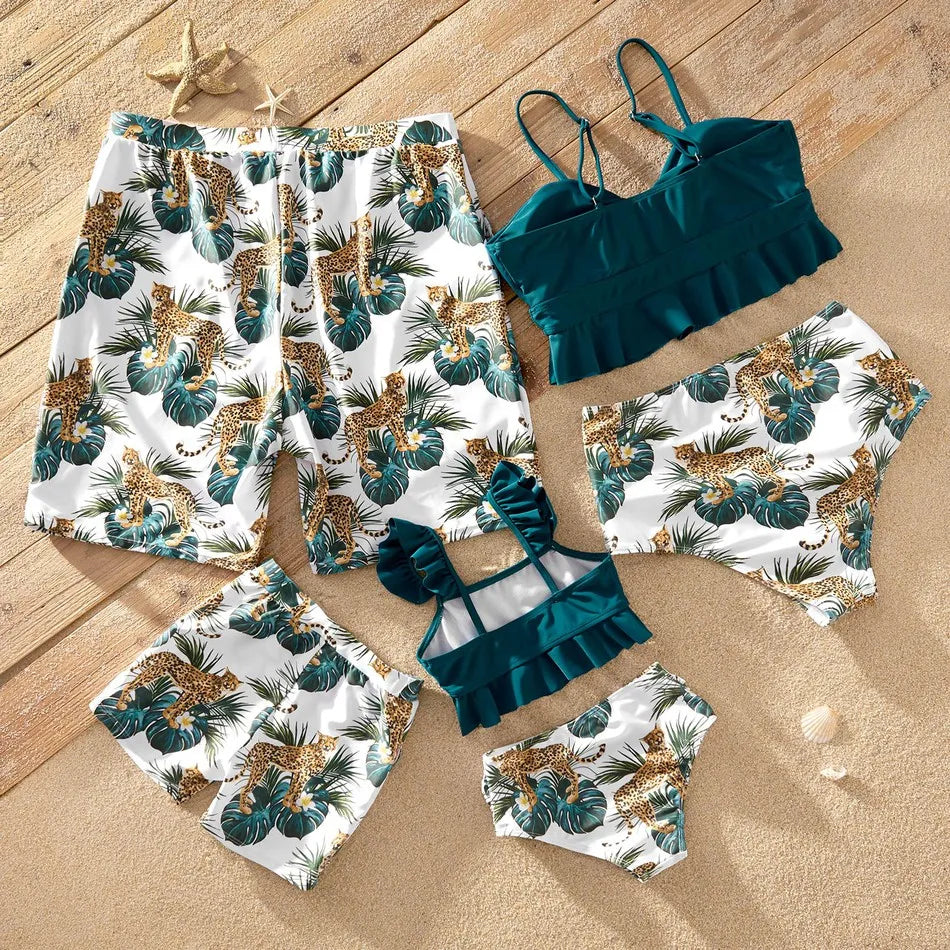 Family Matching! New Summer Ruffle Hem Jungle Tiger Print Family Matching Swimsuits Famliy Look