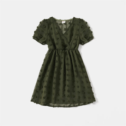 Family Matching! Army Green Cross Wrap Dot Dresses & Color Block T-shirts