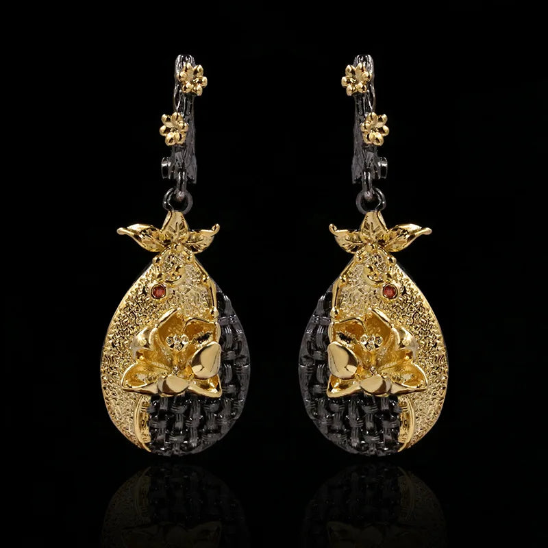 Embossed Carved Flower Drop Black & Gold Style Earrings