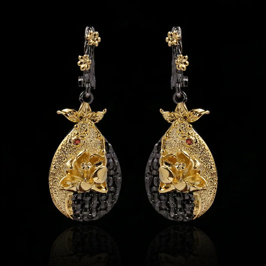 Embossed Carved Flower Drop Black & Gold Style Earrings