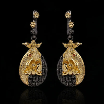 Embossed Carved Flower Drop Black & Gold Style Earrings