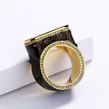 Atmosphere Rings Zircon Rings Tree Hole Geometric Black & Gold Style Double