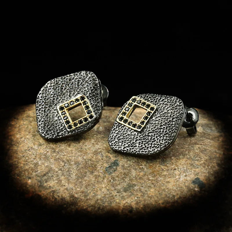 Geometric Square Earrings Black Zircon Earrings Black & Gold Style