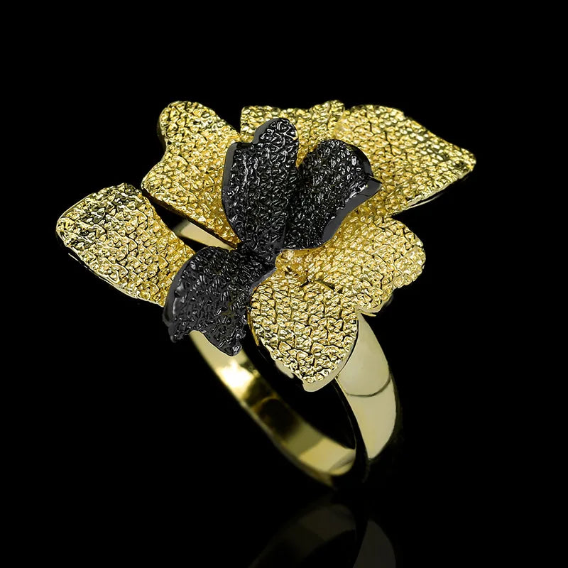 Ring Branch Flower Rings Black & Gold Style Double