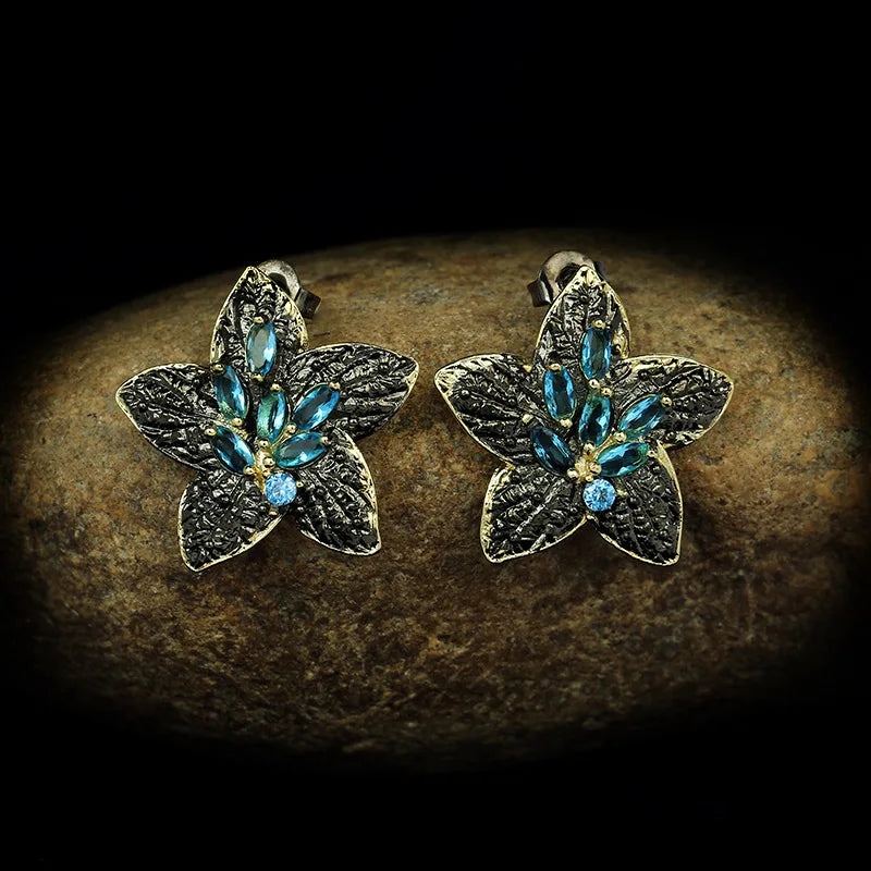 Black & Gold Style Earrings Five-pointed Star Blue Zircon Flower Earrings