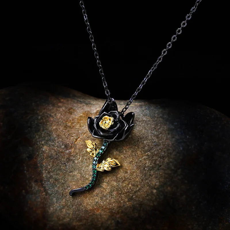 Petite Vintage Black Rose Emerald Zircon Necklace