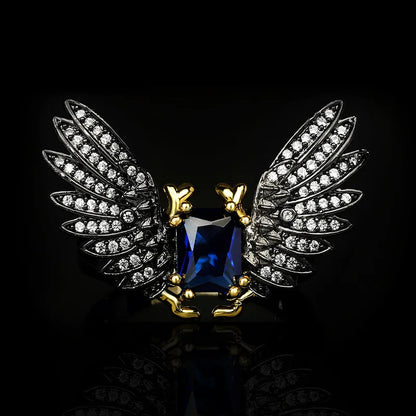 Micro- Blue Zircon Black & Gold Style Demon Wings Ring