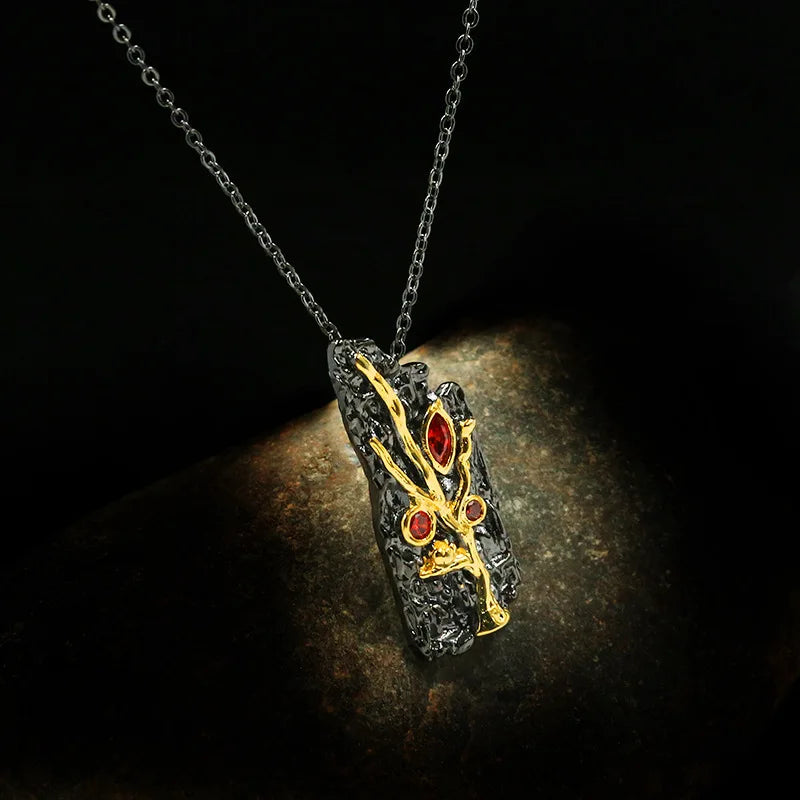 Romantic Red Zircon Black & Gold Style Branch Necklace