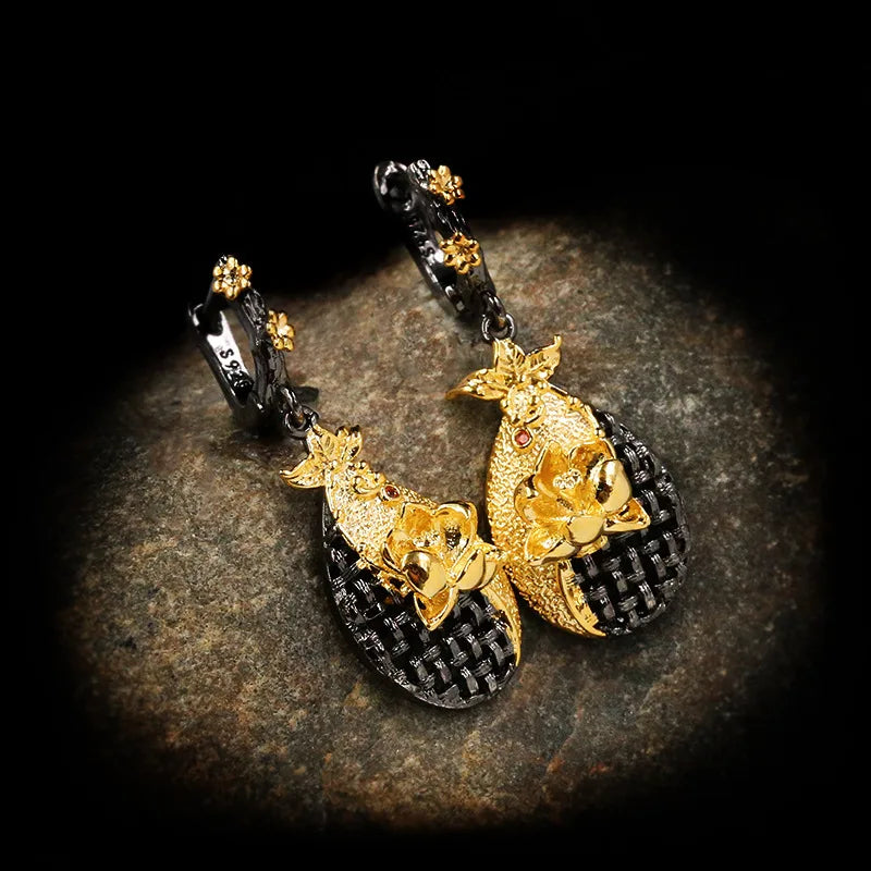 Embossed Carved Flower Drop Black & Gold Style Earrings