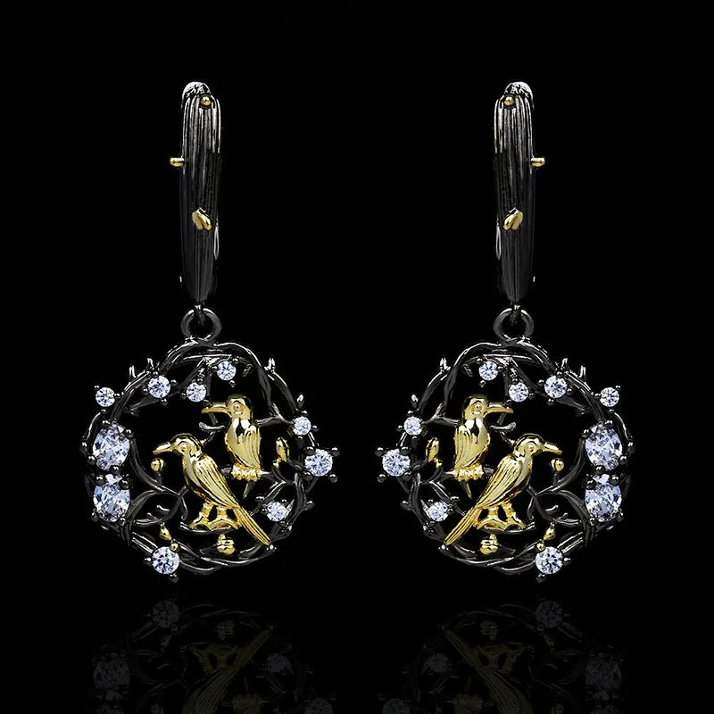 Black & Gold Style Series Zircon Bird Earrings