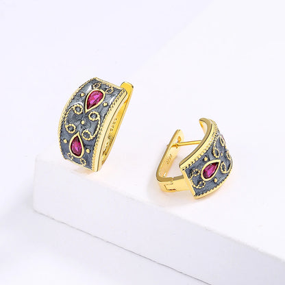 Earrings Gold Red Zircon Earrings Classic Black & Gold Style