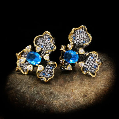 Earrings Dark Blue Zircon Flowers Earrings