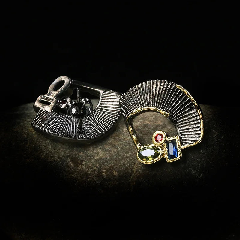 Zircon Black & Gold Fan Earrings