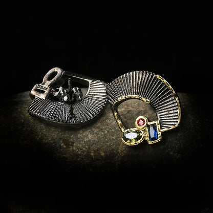 Zircon Black & Gold Fan Earrings