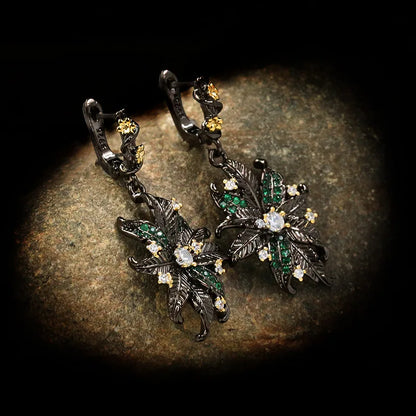 Vintage Black & Gold Style Flower Green Zircon Flower Earrings