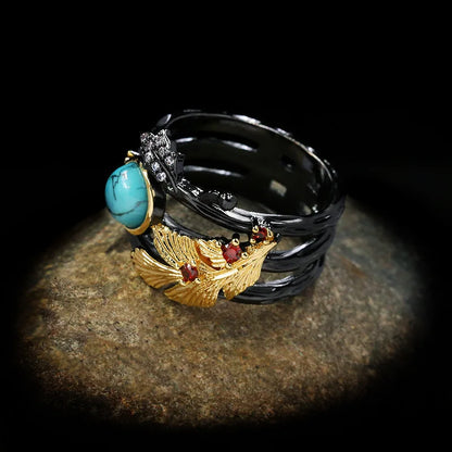 Black & Gold Style Feather Rings Decorated with Zircon, Turquoise