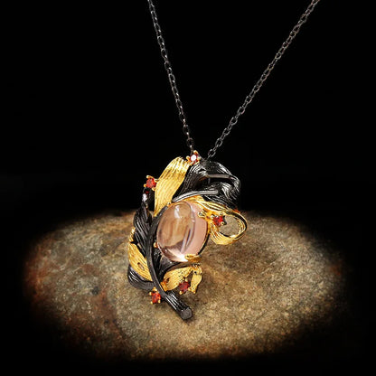 Black & Gold Style Winding Leaf Translucent Pink Crystal Zircon Necklaces