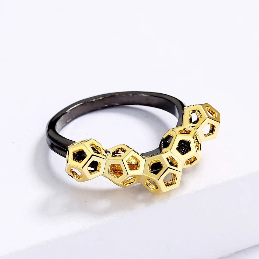 Black & Gold Style Rings Geometric Rings Honeycomb Rings