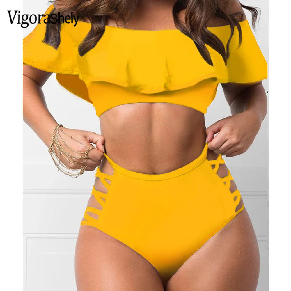 Plus Ruffle Off Shoulder SwimwearSolid High Waist Bikini Hollow Brazilian Swimsuit Bathing Suit