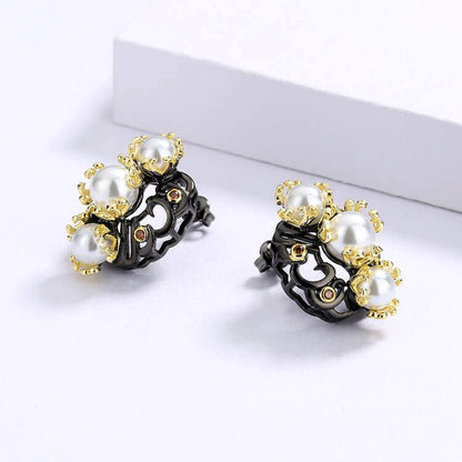 Earrings Golden Flower Pearl Earrings Fashion Black & Gold Series Jewelry Earrings