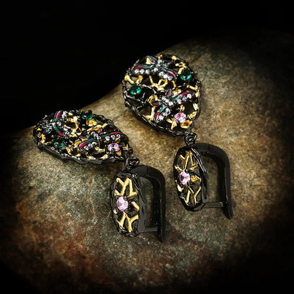 Gothic Butterfly Black & Gold Emerald Zircon Earrings