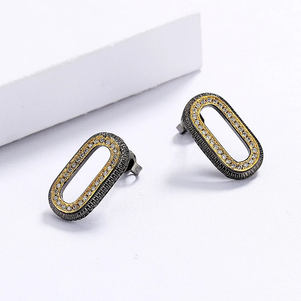 Earrings Oval Geometric Black Stud Black & Gold Style Earrings