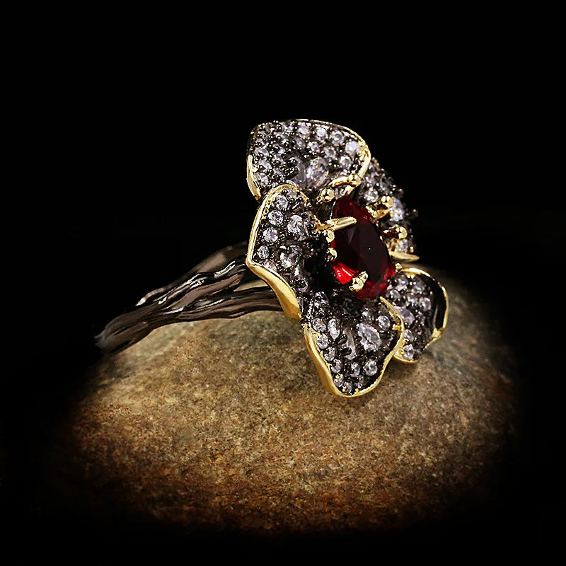 Classic Black & Gold Style Red Zircon Flower Rings