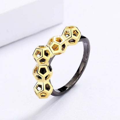 Black & Gold Style Rings Geometric Rings Honeycomb Rings