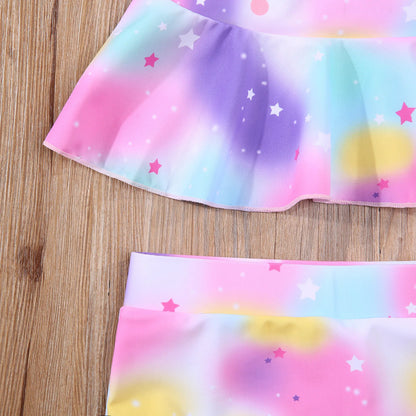 Kids Girls Two-Piece Swimsuit Unicorn Pattern Ruffle Hem Fly Sleeve Tops Swimming Shorts Clothes Set