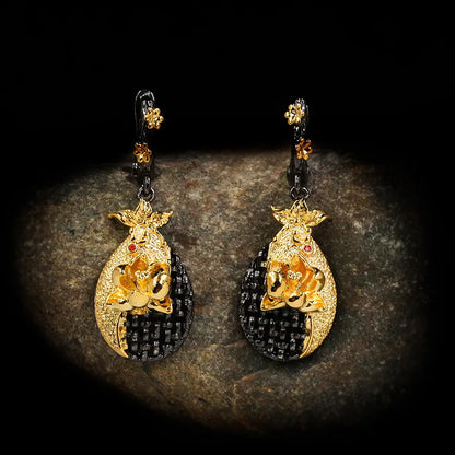 Embossed Carved Flower Drop Black & Gold Style Earrings