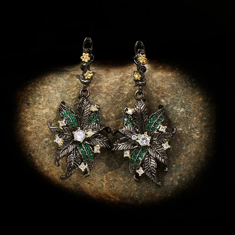 Vintage Black & Gold Style Flower Green Zircon Flower Earrings