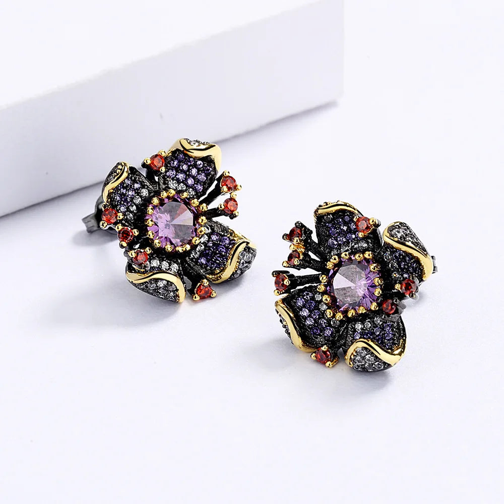 Black & Gold Style Flower Earrings with Purple & Red Zircon Gemstones