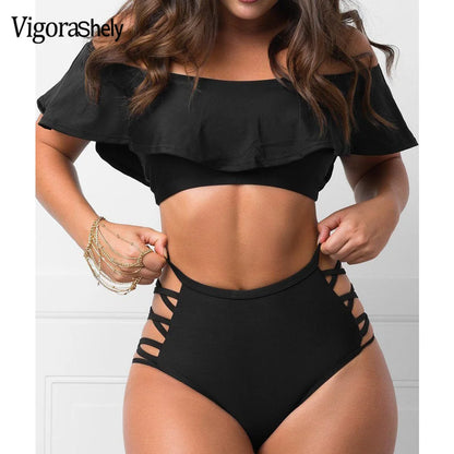 Plus Ruffle Off Shoulder SwimwearSolid High Waist Bikini Hollow Brazilian Swimsuit Bathing Suit