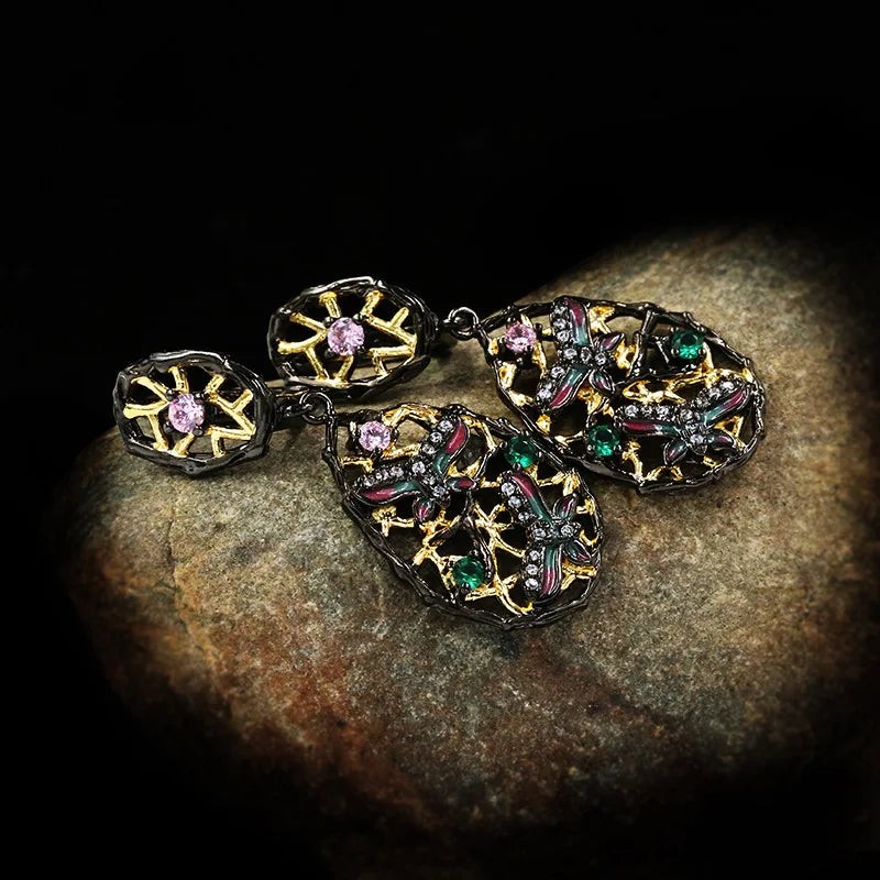 Gothic Butterfly Black & Gold Emerald Zircon Earrings